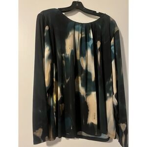 ANNE KLEIN TUNIC BLOUSE ladies Plus 3X Green Cream print long sleeve